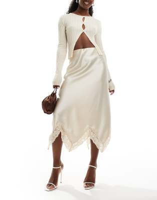 satin maxi skirt with trim in cream-White