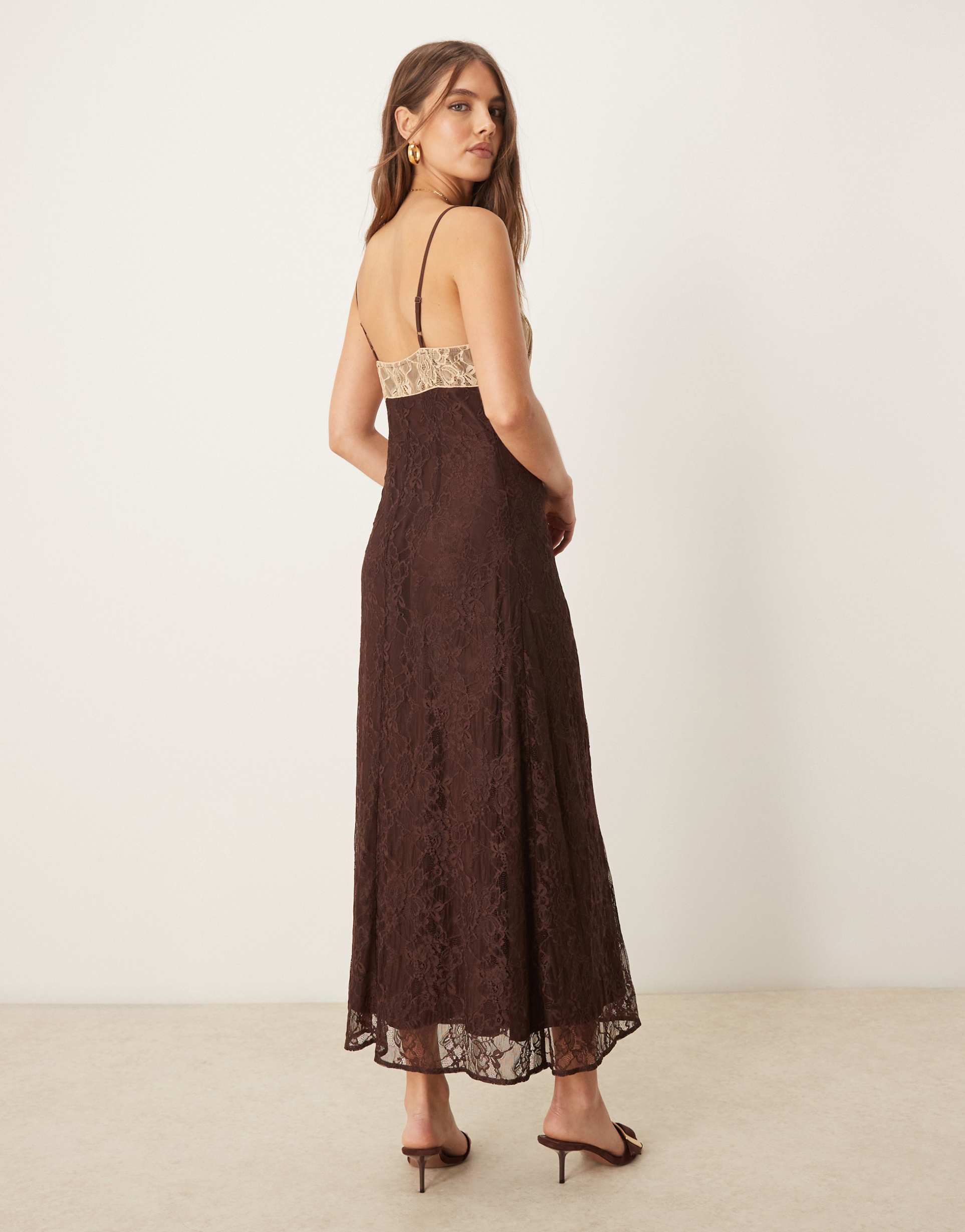 miss selfridge satin maxi slip dress with contrast lace in chocolate