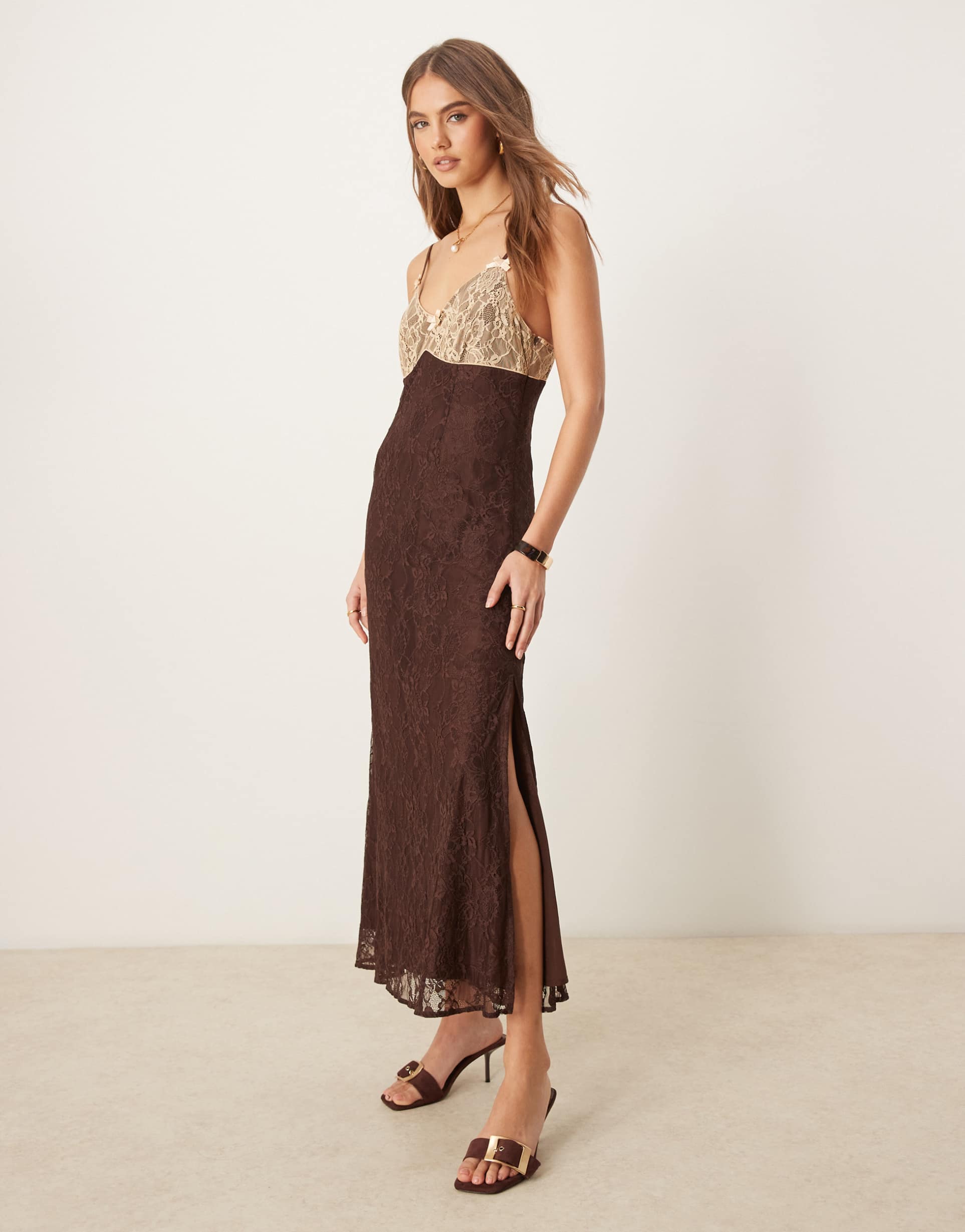 miss selfridge satin maxi slip dress with contrast lace in chocolate