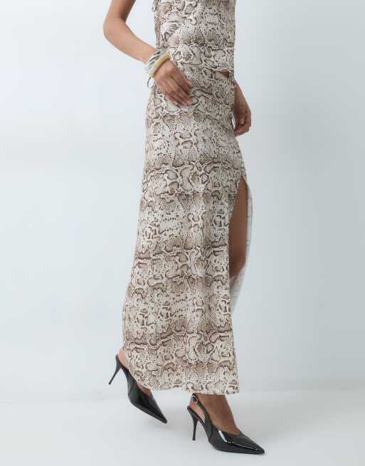 Miss Selfridge satin midi skirt with split set in snake, 5 of 5