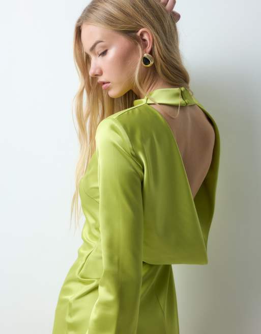 Miss Selfridge Satin-Minikleid mit akzentuierten Schultern in Chartreuse, 5 von 5