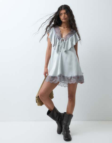 Miss Selfridge satin- och spetsbabydollklänning i grått - view 1