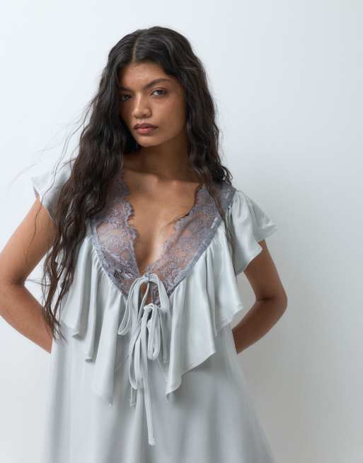 Miss Selfridge satin- och spetsbabydollklänning i grått, 5 av 5