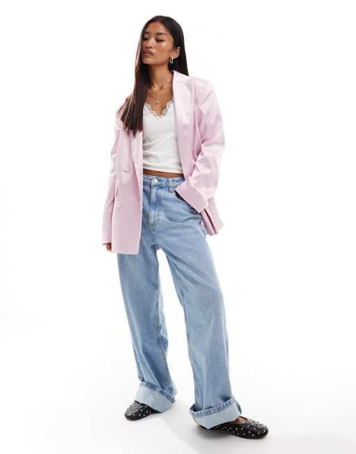 Miss Selfridge satin oversized double breasted blazer in pink, 2 of 4