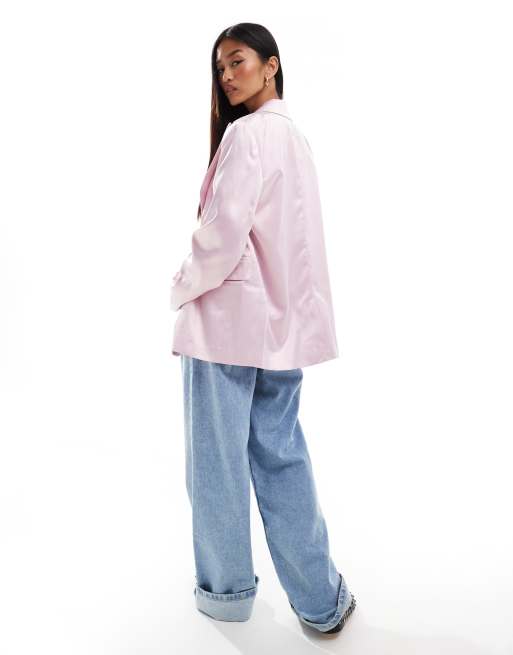 Miss Selfridge satin oversized double breasted blazer in pink, 4 of 4
