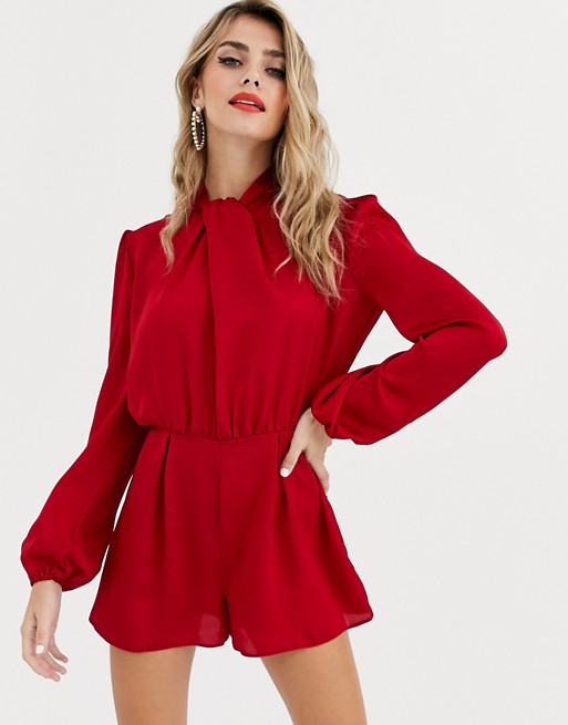 Miss Selfridge satin playsuit with twist neck in red