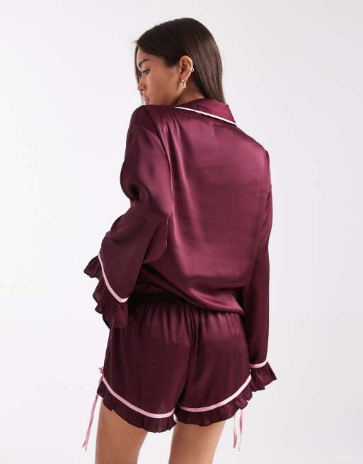 Miss Selfridge satin pyjama shorts set in fig, 4 of 4