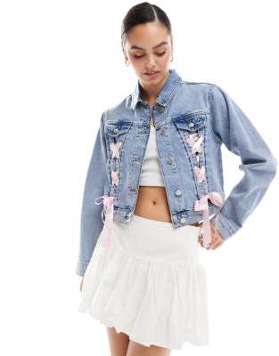 satin ribbon tie detail denim girlfriend jacket in mid blue wash