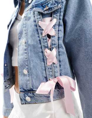 Miss Selfridge satin ribbon tie detail denim girlfriend jacket in