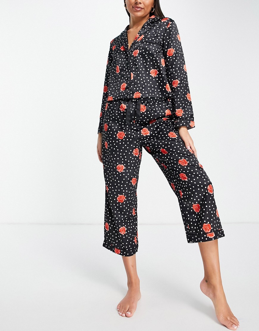 Miss Selfridge satin rose print pajama set-Black