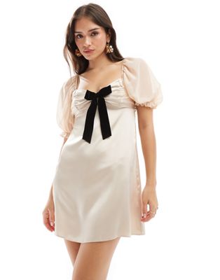 Miss Selfridge Satin Ruched Bow Detail Mini Dress In Cream-white