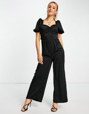 Miss Selfridge Petite shirred waist faux leather jumpsuit in black