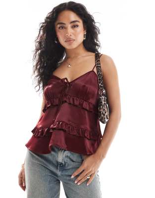 Miss Selfridge satin ruffle cami top in burgundy-Red