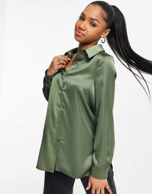 Miss Selfridge satin shirt in khaki