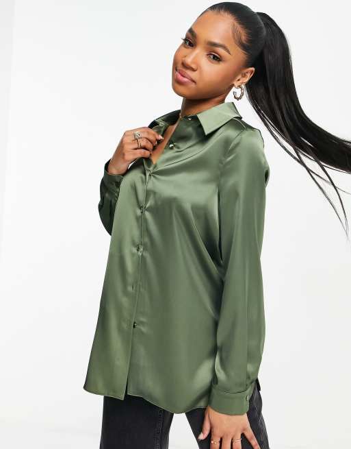 Miss Selfridge satin shirt in khaki | ASOS