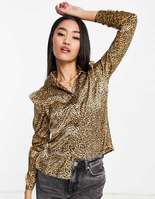 Miss Selfridge satin shirt in leopard print-Multi