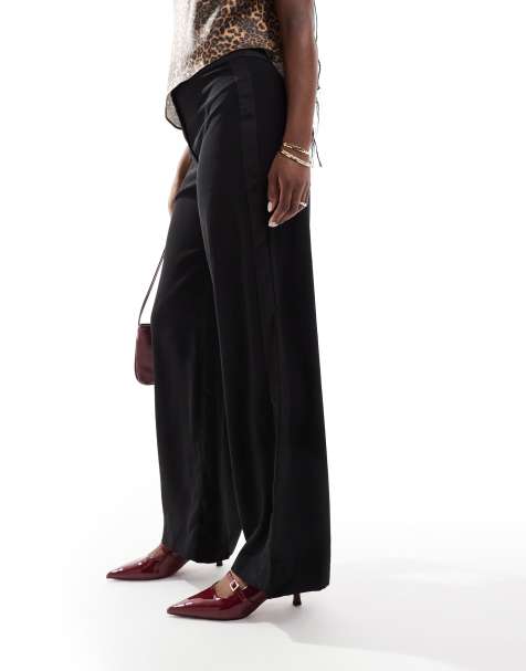 Miss Selfridge satin side stripe wide leg tux trouser in black - view 1