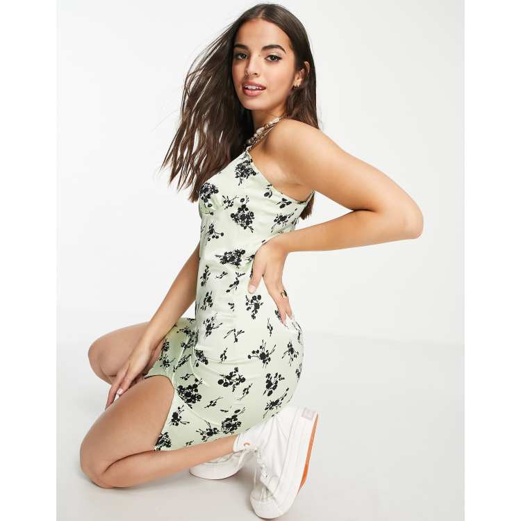 Miss Selfridge satin slip dress in green floral | ASOS