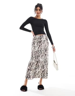 satin slip maxi skirt in animal print-Brown