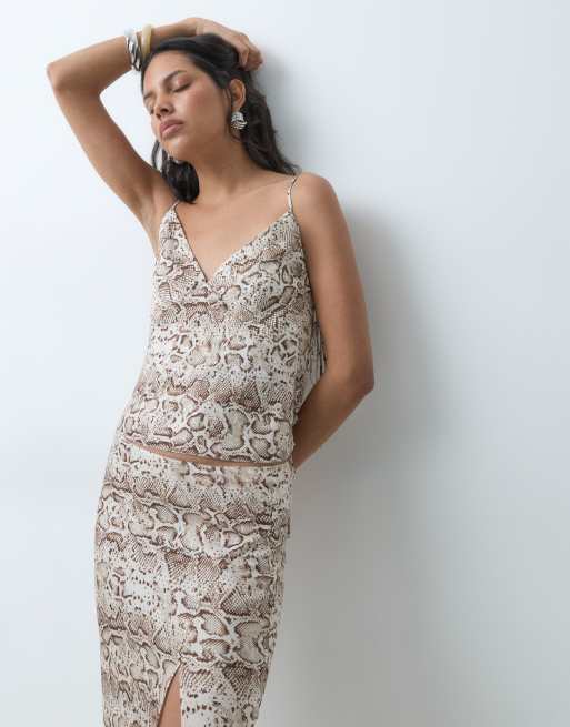 Miss Selfridge satin strappy cami co-ord in snake, 5 of 5