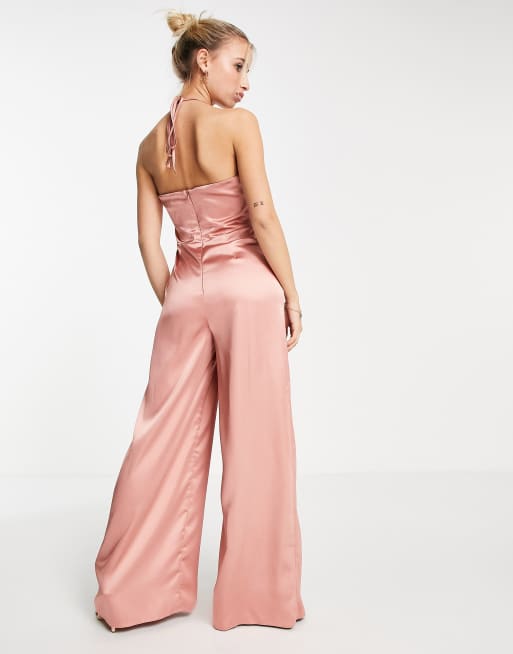 Miss Selfridge satin strappy wide leg jumpsuit in pink , 3 of 4