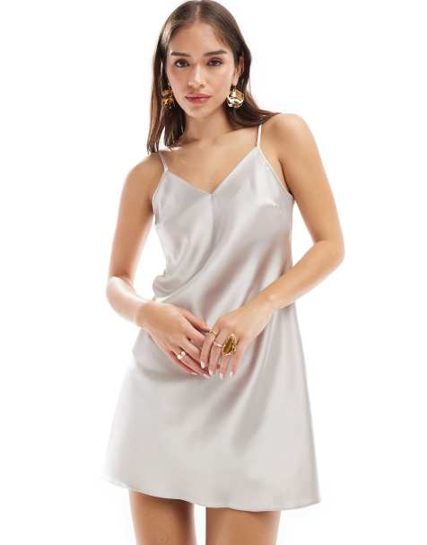 Miss Selfridge satin swing mini slip dress in silver - view 1