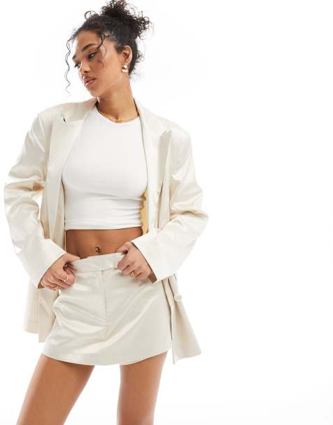 Miss Selfridge satin tailored micro mini skort co ord in neutral - view 1