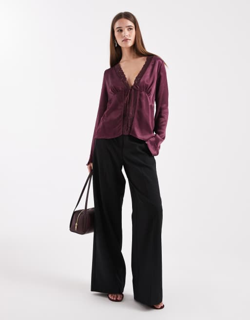 Miss Selfridge satin tie front blouse in fig, 2 of 4