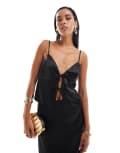 [Miss Selfridge] Miss Selfridge satin tie front cami top in black-Pink 18 Black