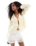 [Miss Selfridge] Miss Selfridge satin tie front collared shirt in buttermilk yellow M Buttermilk yellow