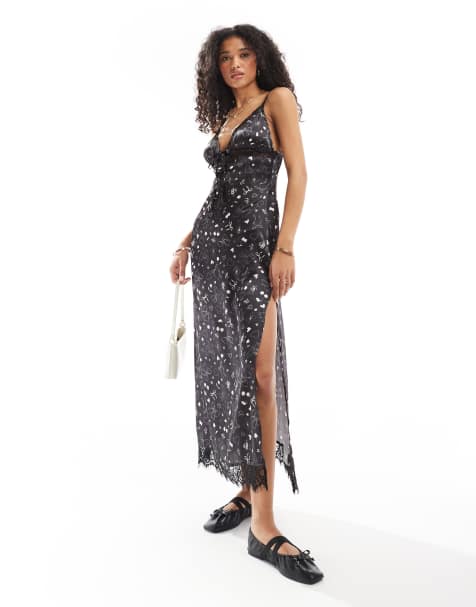 Miss Selfridge satin tie front lace trim maxi slip dress in bow print - view 1
