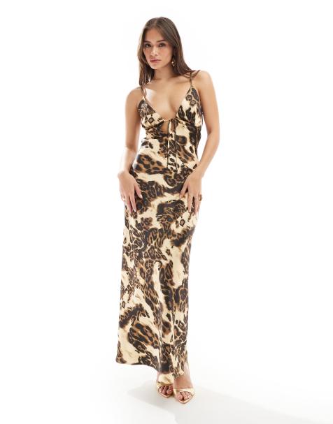 Miss Selfridge satin tie front maxi slip dress in animal print - view 1