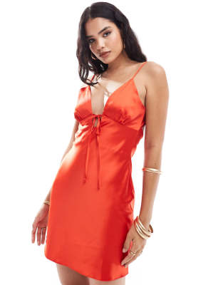 satin tie front mini slip dress in red