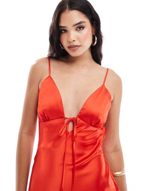 Miss Selfridge satin tie front mini slip dress in red, 3 of 4