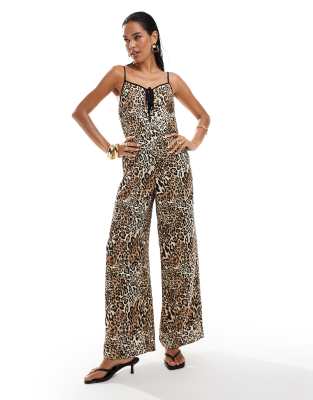 satin tie front wide leg jumpsuit-Brown