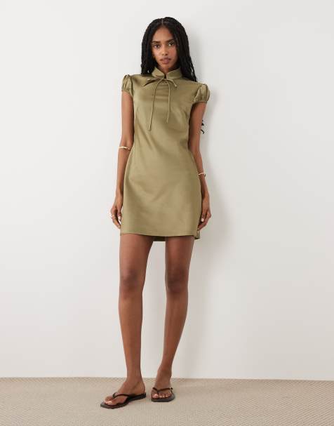 Miss Selfridge satin tie neck mini dress in khaki