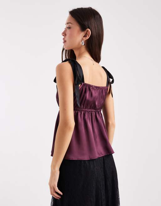Miss Selfridge satin tie shoulder cami top in fig, 2 of 4