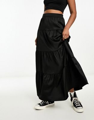Miss Selfridge satin tiered maxi skirt in black - ASOS Price Checker