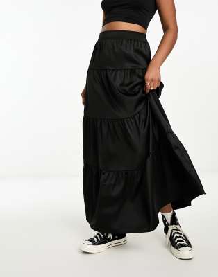 Shop Miss Selfridge Satin Tiered Maxi Skirt In Black