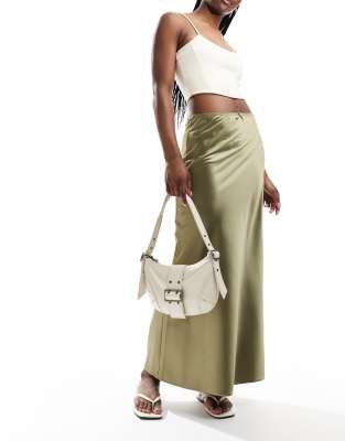 satin trim detail bias maxi skirt in khaki-Silver