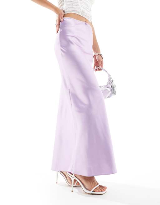 Miss Selfridge satin trim detail bias maxi skirt in lilac ASOS