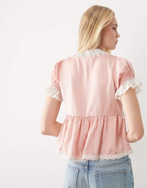 Miss Selfridge Satin- und Spitzentop mit Bindeband vorn in Pink, 4 von 4