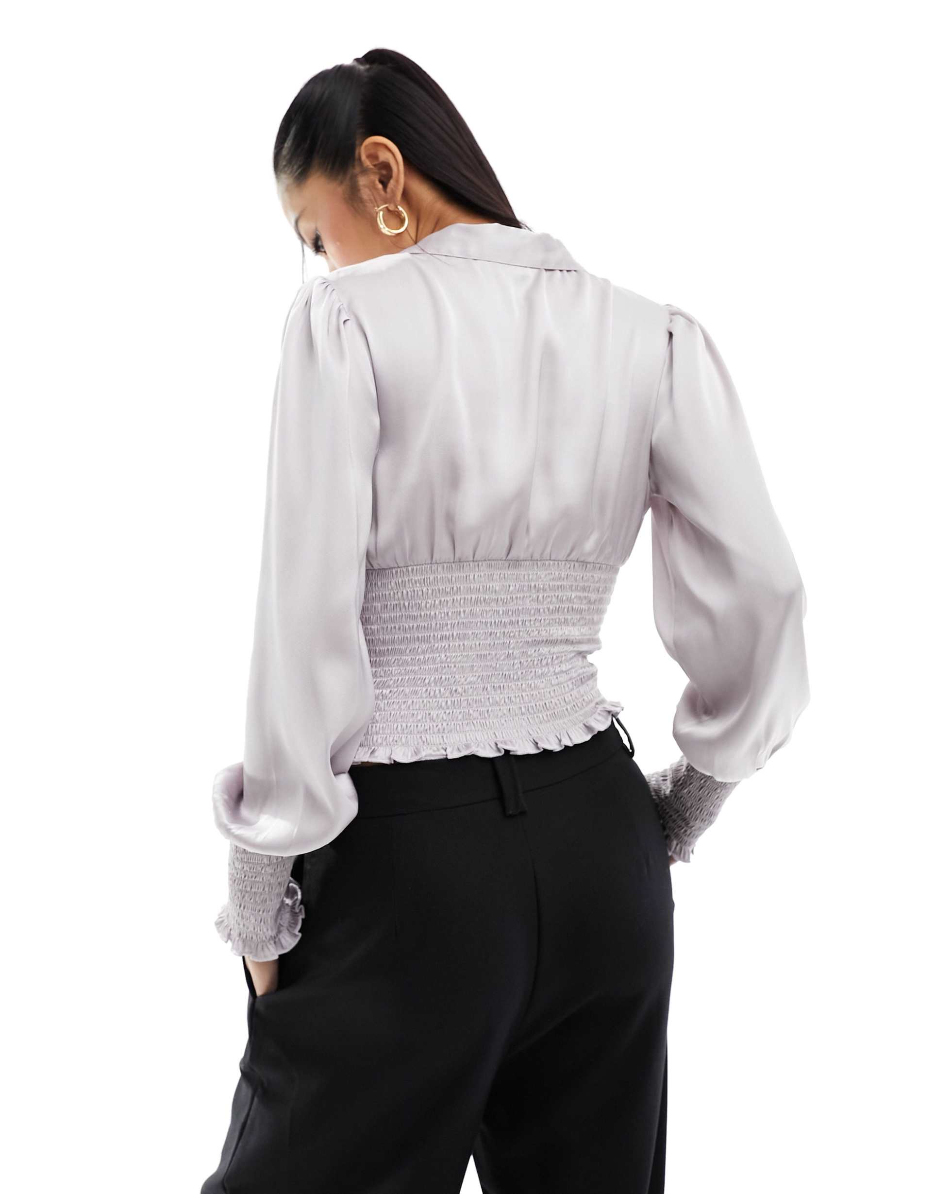 miss selfridge satin v neck button up blouse in silver