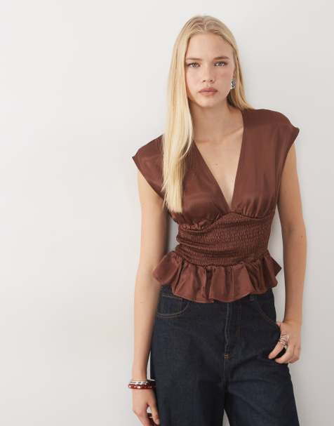 Miss Selfridge satin v neck top with shirred waist in chocolate brown - view 1