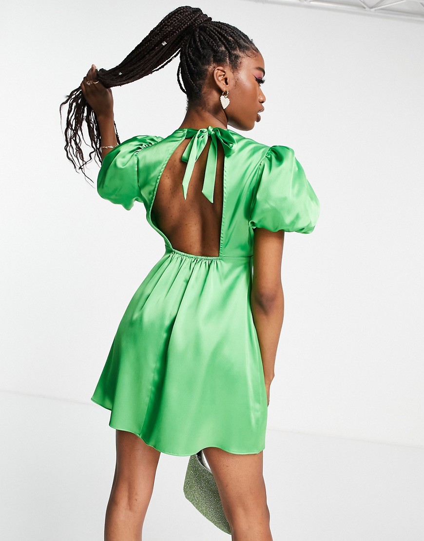 Miss Selfridge satin volume sleeve backless mini dress In bright green