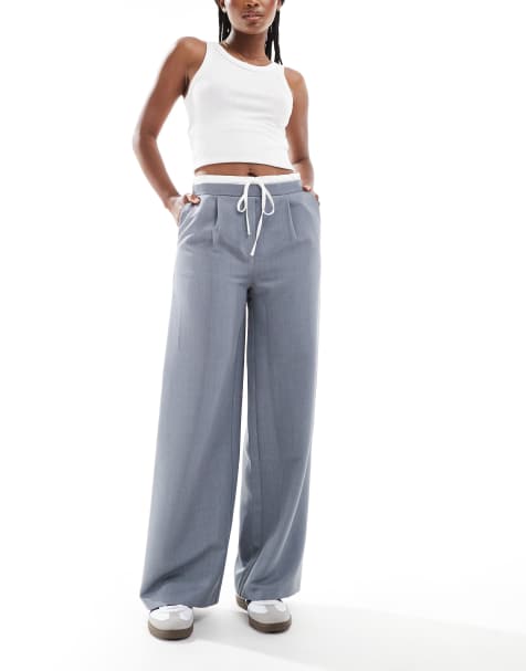 Miss Selfridge satin waistband tailored wide leg trouser in grey - view 1