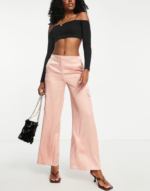 Miss Selfridge satin wide leg cargo trousers in light pink