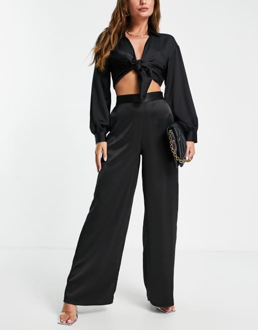 Miss Selfridge satin wide leg pant in black | ASOS