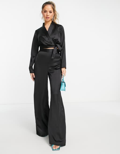 Miss Selfridge satin wide leg trouser in black