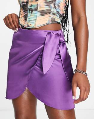 Miss Selfridge Satin Wrap Mini Skirt In Purple